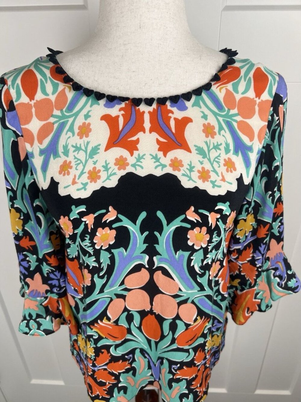 Maeve Anthropologie Silk Blouse Size 2 Floral Boho Top 3/4 Sleeve Keyhole Back - Picture 2 of 11
